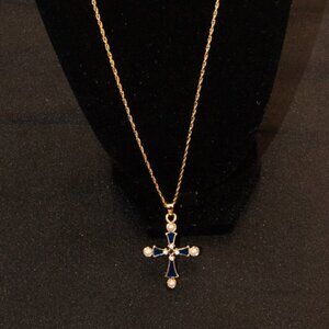 Vintage Gold Tone Blue Enamel Cross With Faux Pearls and Rhinestones 20" Chain